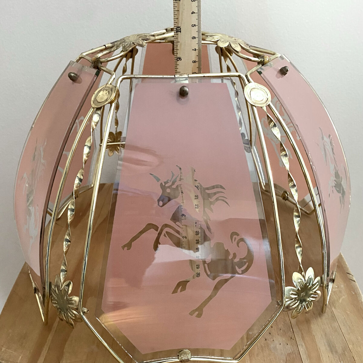 Vintage 1980s Glass & Brass Unicorn Lamp Shade / Light Pendant