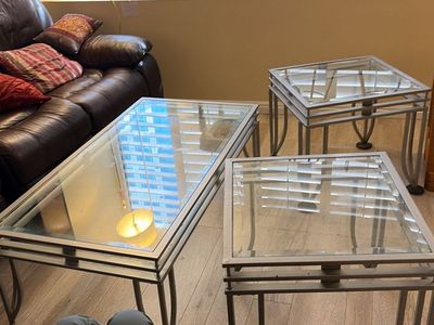 Modern Glass Top Coffee Table and Two Matching End Tables Set