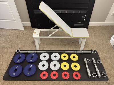 Olympic barbell, dumbbells, bumper plates, folding bench, collars and mat.