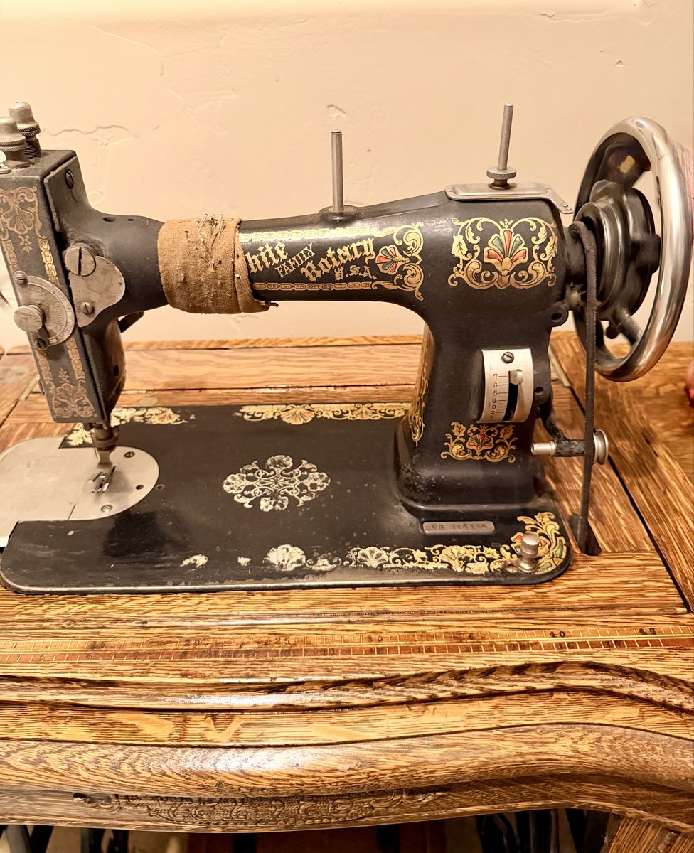 Antique White Family Rotary Sewing Machine with Original Treadle Cabinet - Vintage Decor