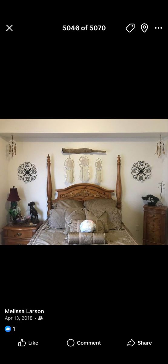 Elegant Queen Size Solid Wood Carved Poster Bed & Matching Dresser with Mirror - good condition.