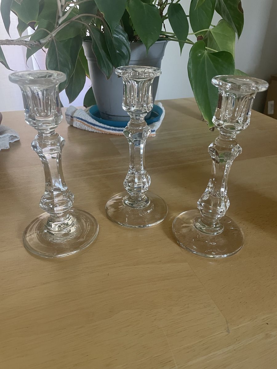 Set of 3 Clear Pressed Glass Candlestick Holders, Decorative Tabletop Decor