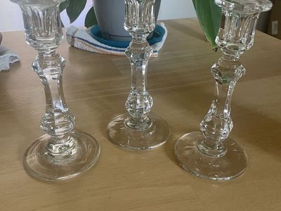Set of 3 Clear Pressed Glass Candlestick Holders, Decorative Tabletop Decor