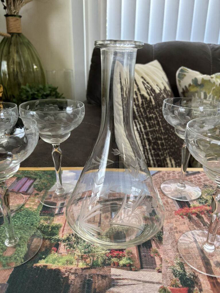 Vintage Crystal Decanter, 6 Cocktail Glass Set