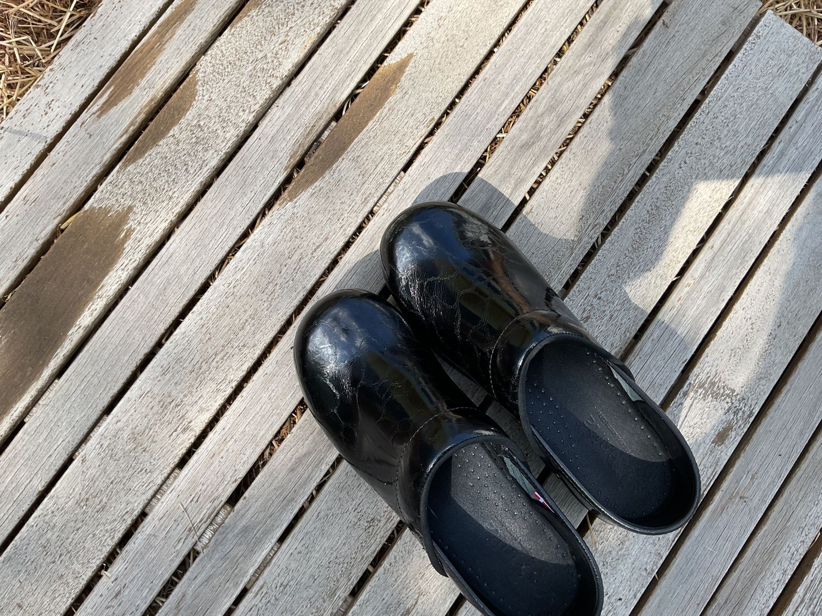 black glossy clogs