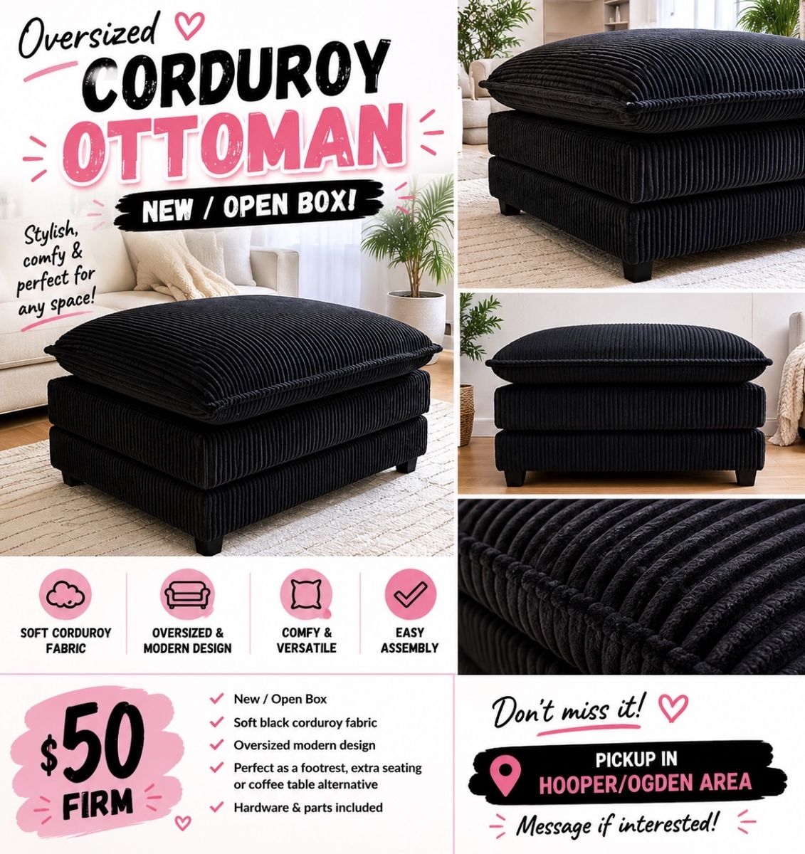 Oversized Black Corduroy Ottoman - New / Open Box, Modern Design, Versatile Seating