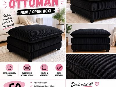 Oversized Black Corduroy Ottoman - New / Open Box, Modern Design, Versatile Seating