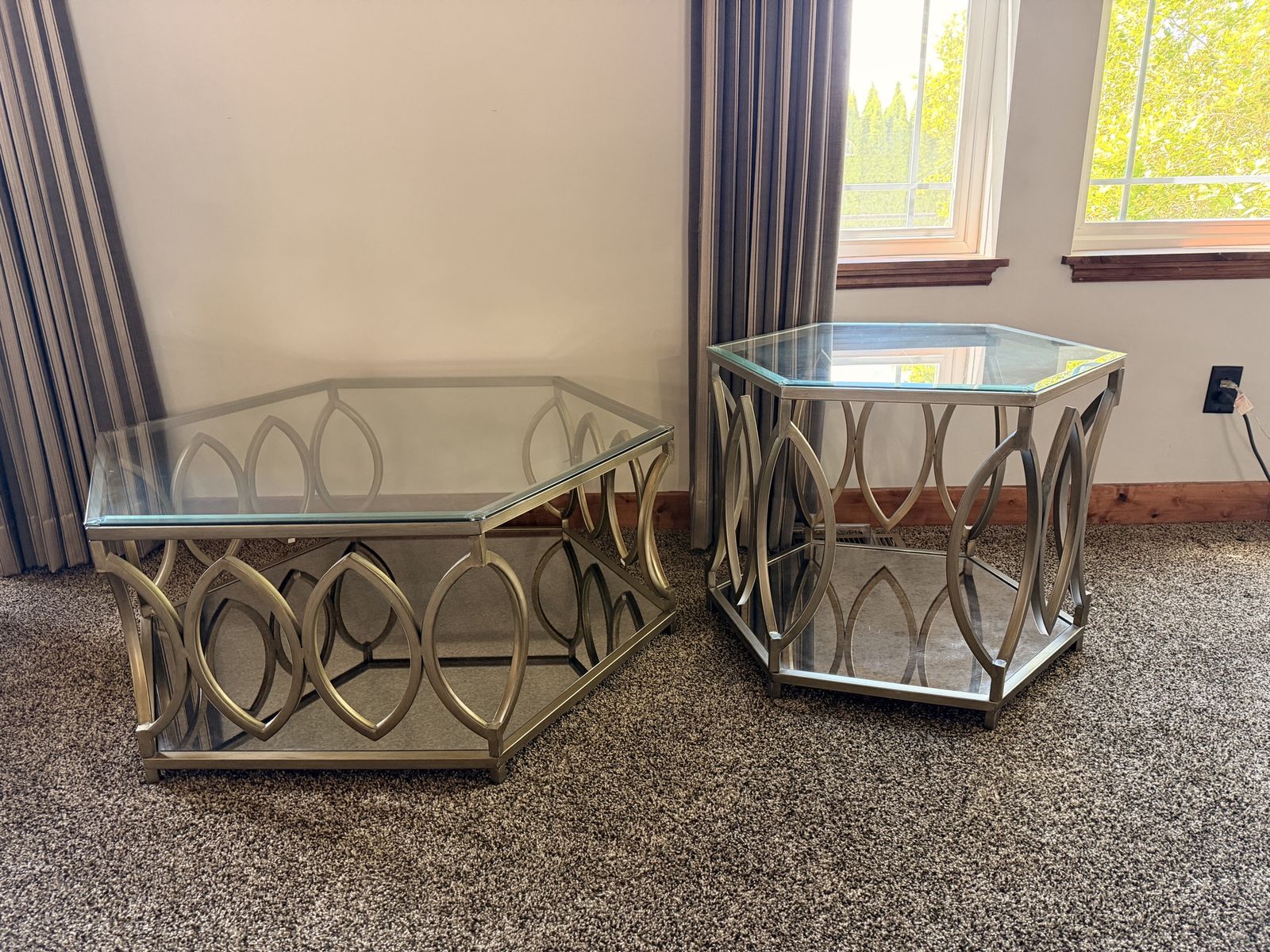 2-Piece Hexagonal Glass Top Coffee and End Table Set in Champagne Gold