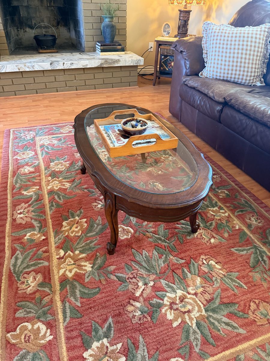 Vintage Oval Wood Coffee Table with Glass Top