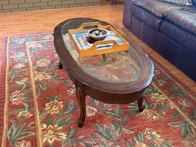 Vintage Oval Wood Coffee Table with Glass Top