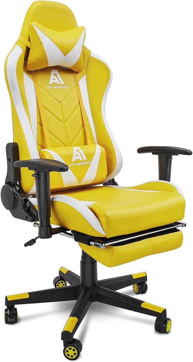 AA Products Gaming Chair - High Back Ergonomic Racing Chair with Footrest, Lumbar Support & Swivel - YellowWhite
