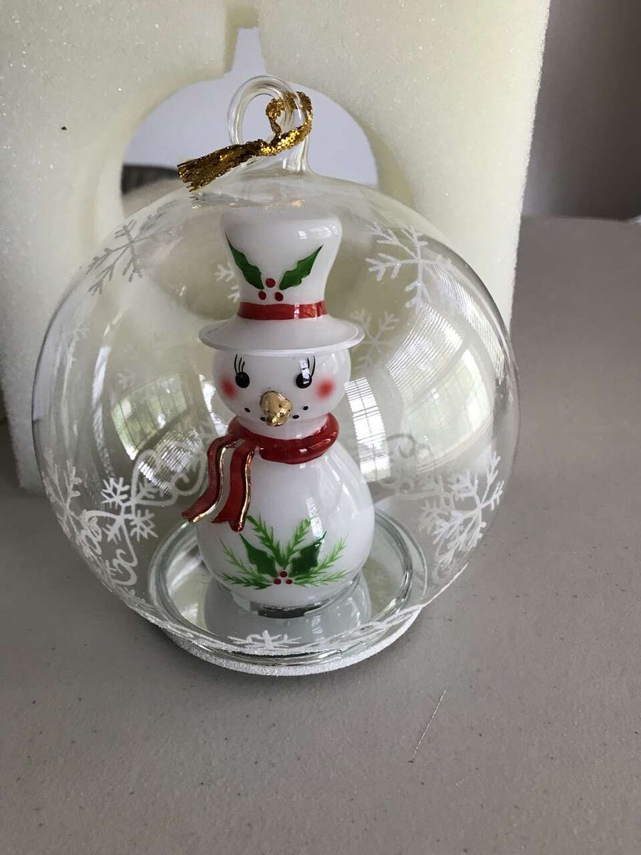 Vintage Sorelle Spun Glass LED Snowman Globe Ornament and Wimpole Street Creations Snowman Coat Pin and