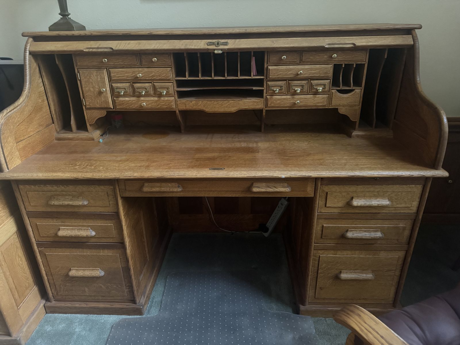 Oak roll top desk and oak desk chair