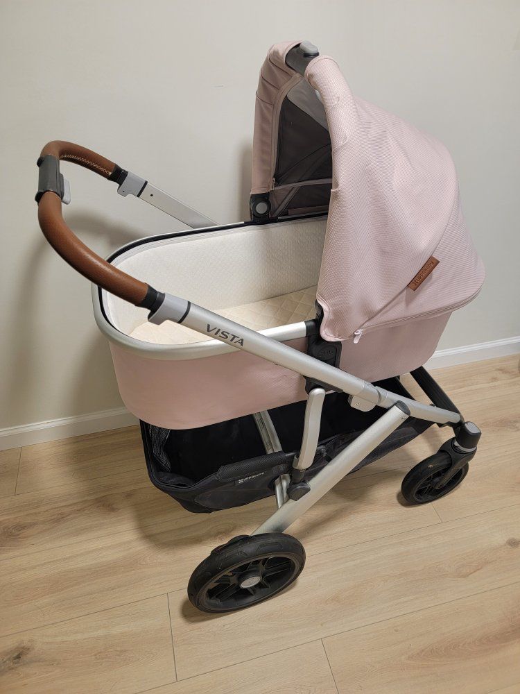 UPPAbaby Vista V2 luxury Stroller with Bassinet and Toddler Seat - Pink / Light Brown Leather