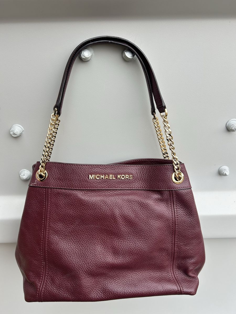 Michael Kors Carmen Large Saffiano Leather Shoulder Bag Maroon/Gold Chain Strap