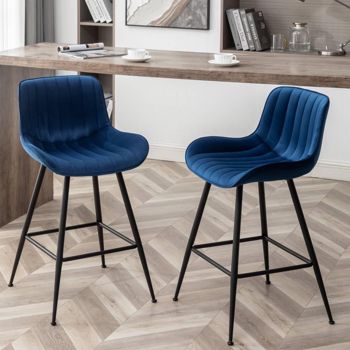 Velvet Blue Counter Height Luxury Bar Stools - Set of 2