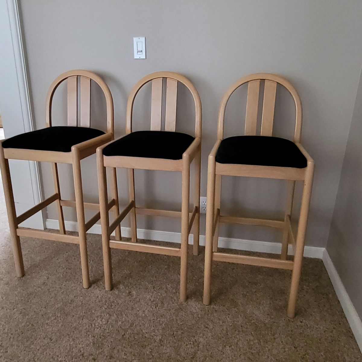 Set of 3 Wood Bar Stools with Black Cushions, Backed, Counter Height