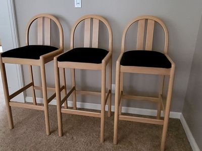 Set of 3 Wood Bar Stools with Black Cushions, Backed, Counter Height