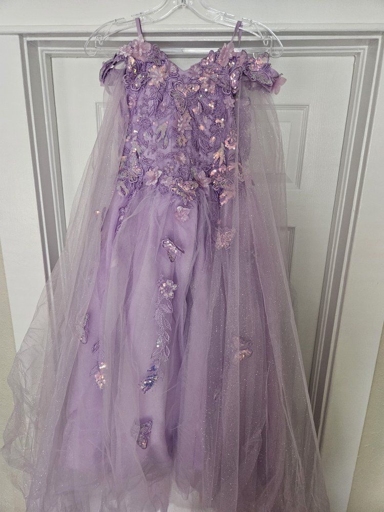 Girls Lilac Lavender Sequin Lace Flower Butterfly Long Gown Dress Size 6 with Sheer Sleeves