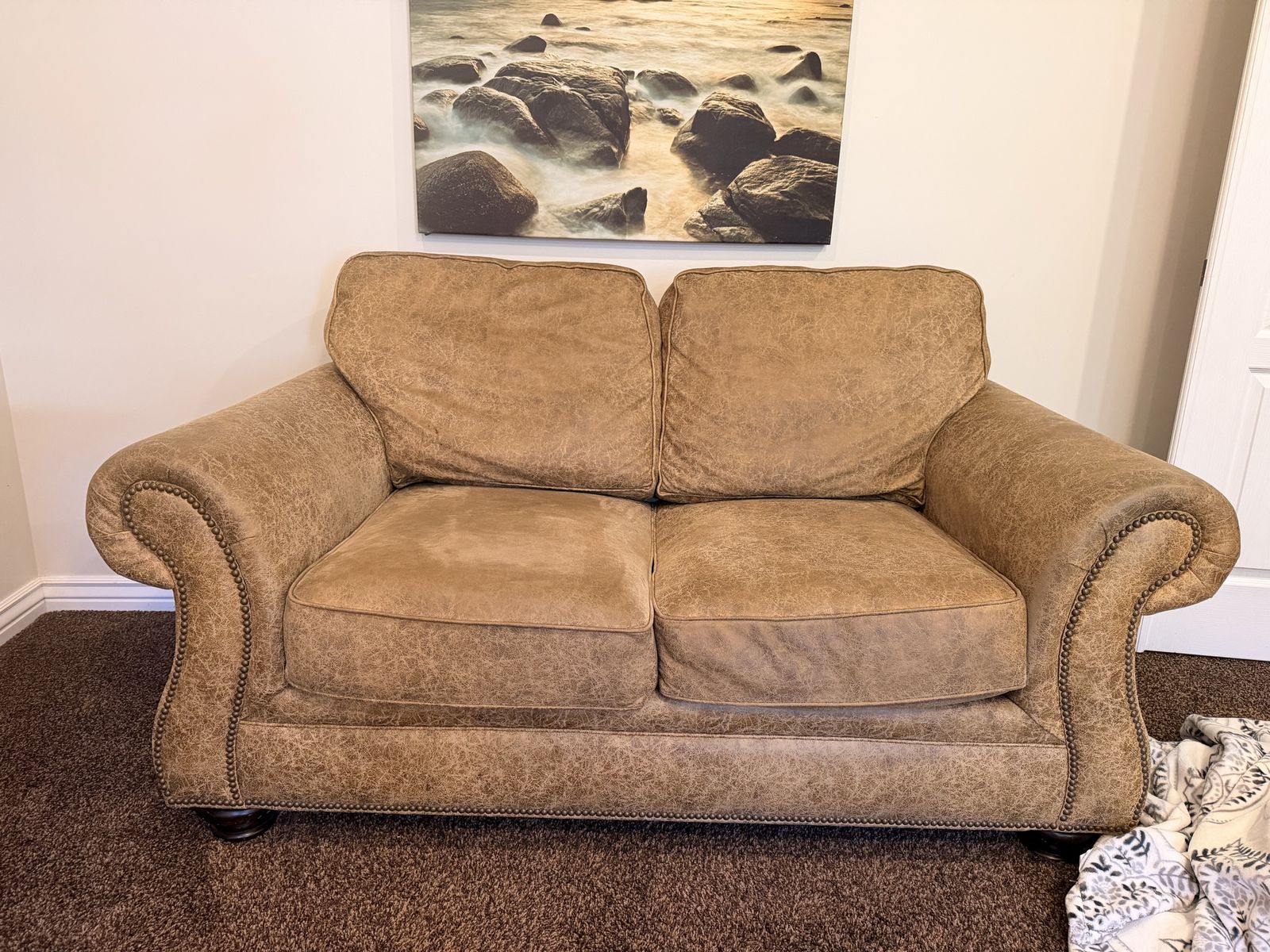 Classic Brown Faux Leather Loveseat with Nailhead Trim