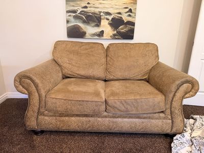 Classic Brown Faux Leather Loveseat with Nailhead Trim