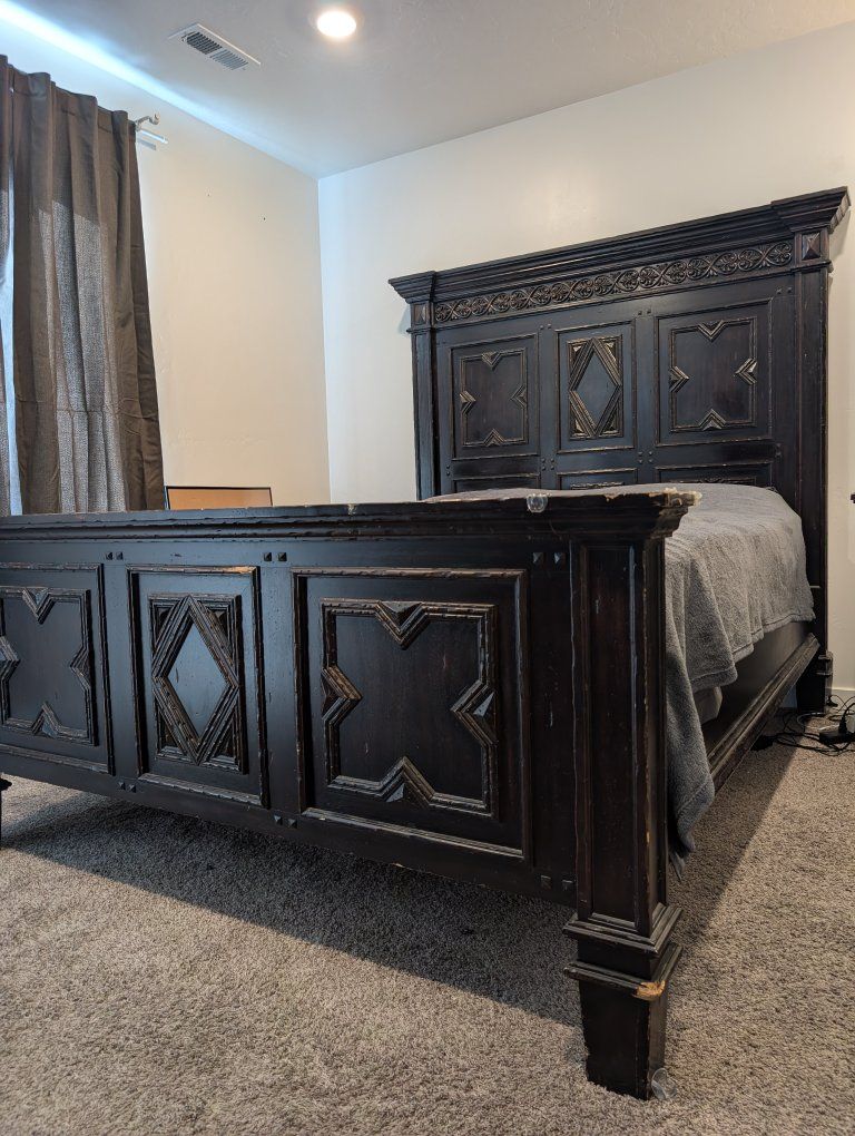 Ornate Dark Wood Queen-Size Bed Set with Dresser and Night Stand - Carved Details & Distressed Finish