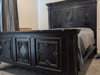 Ornate Dark Wood Queen-Size Bed Set with Dresser and Night Stand - Carved Details & Distressed Finish