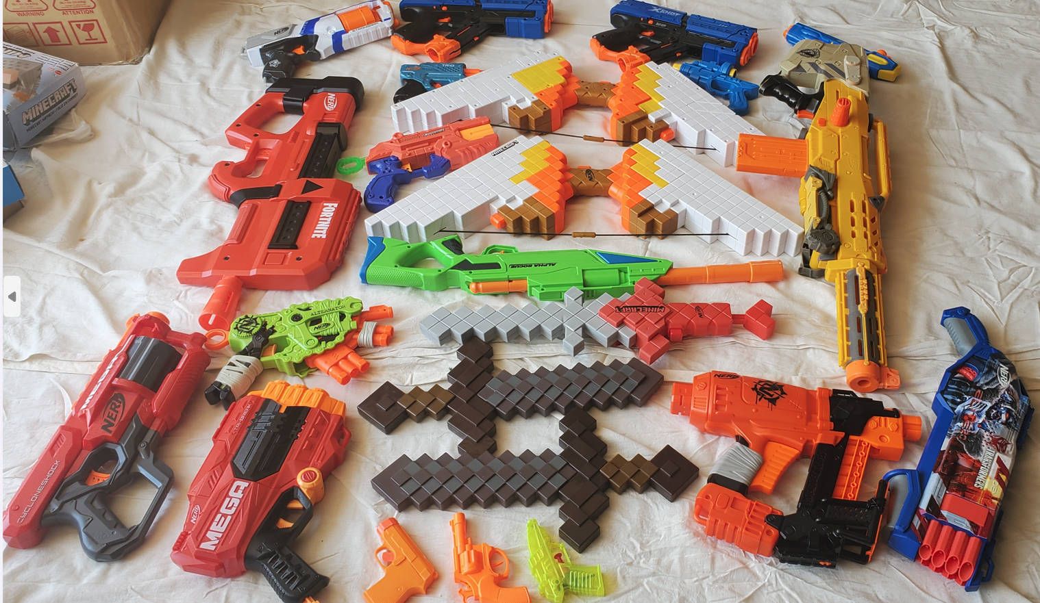 Large Nerf & Minecraft Toy Blaster Lot with Swords and Bows