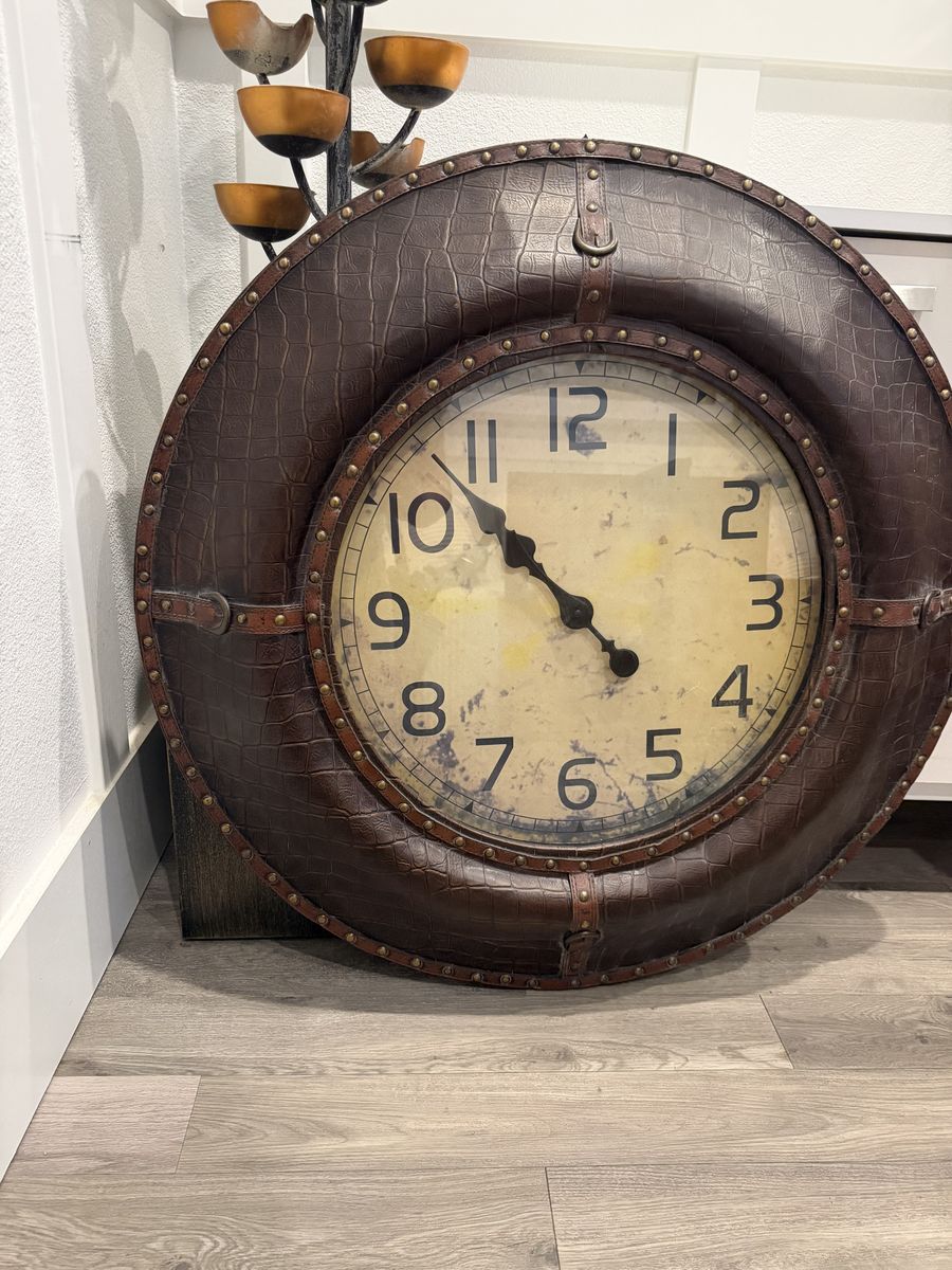 Large Rustic Leather-Wrapped Wall Clock