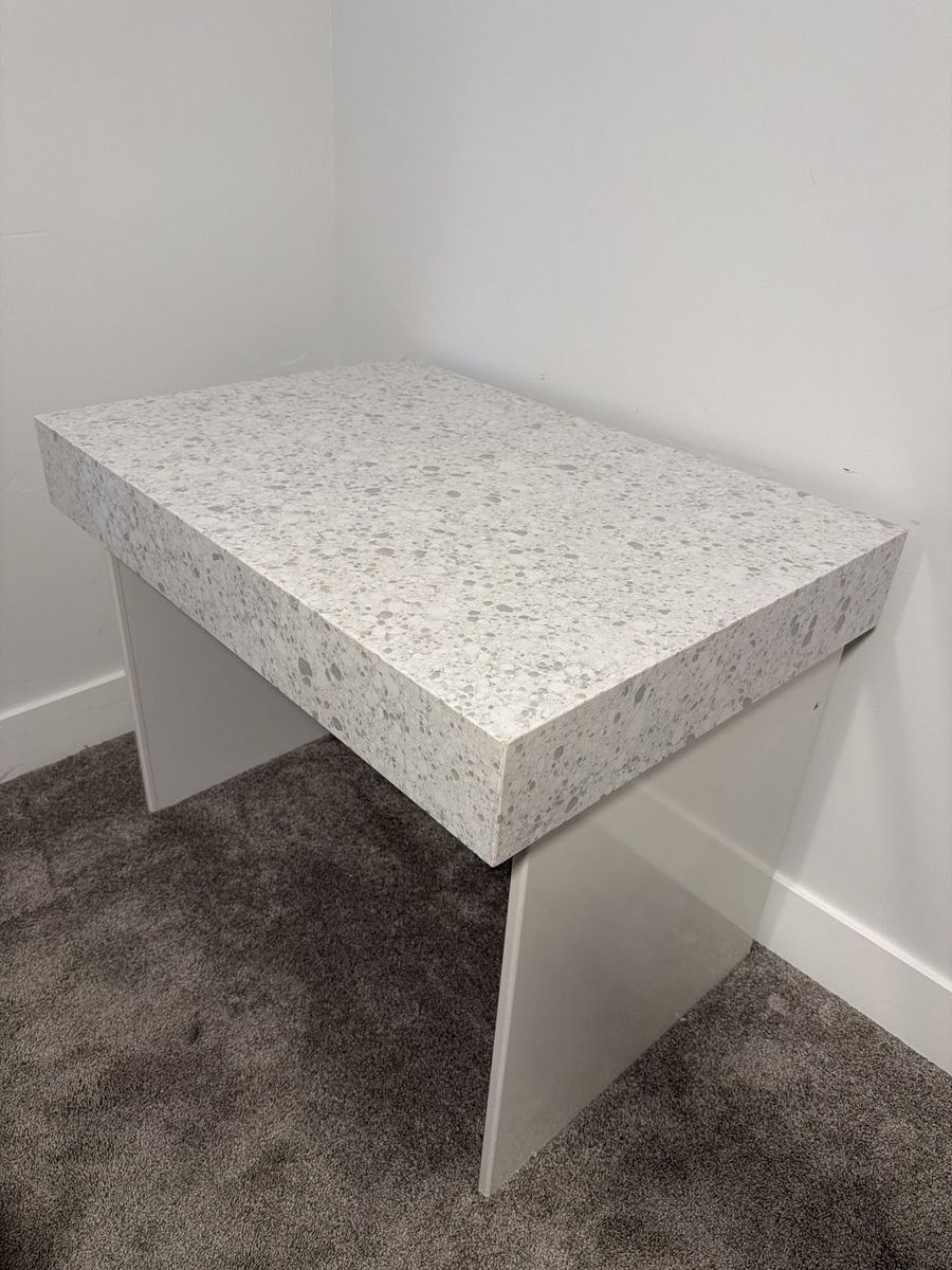 Custom Quartz White/Gray Speckled Waterfall Edge Desk/Table