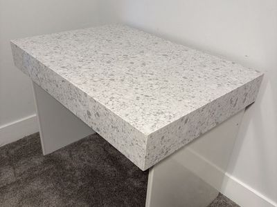Custom Quartz White/Gray Speckled Waterfall Edge Desk/Table