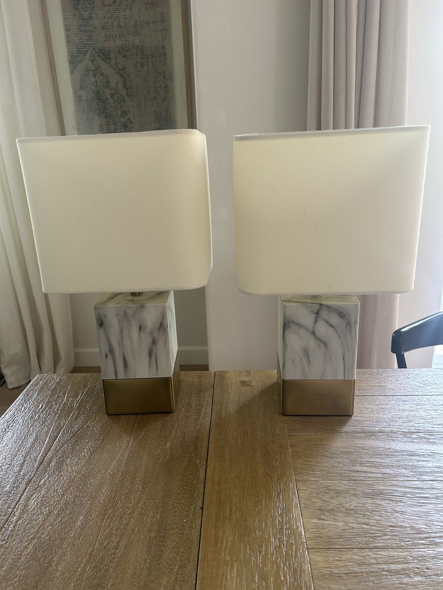 Pair of Modern Marble & Gold Table Lamps with Square White Shades