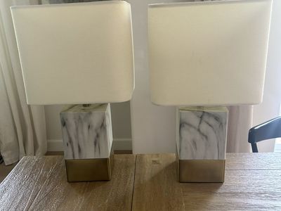 Pair of Modern Marble & Gold Table Lamps with Square White Shades