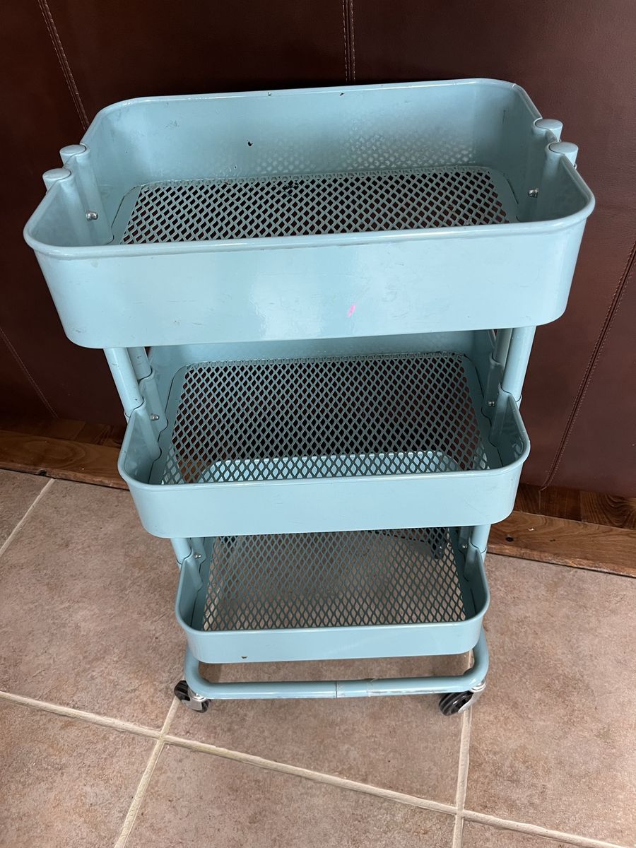 Heavy metal tiered turquoise rolling cart 31” T 17