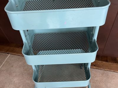 Heavy metal tiered turquoise rolling cart 31” T 17