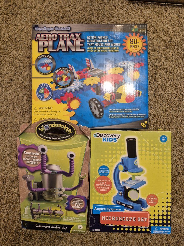 STEM toys (microscope, tin can robot, techno gears aero trax plane)