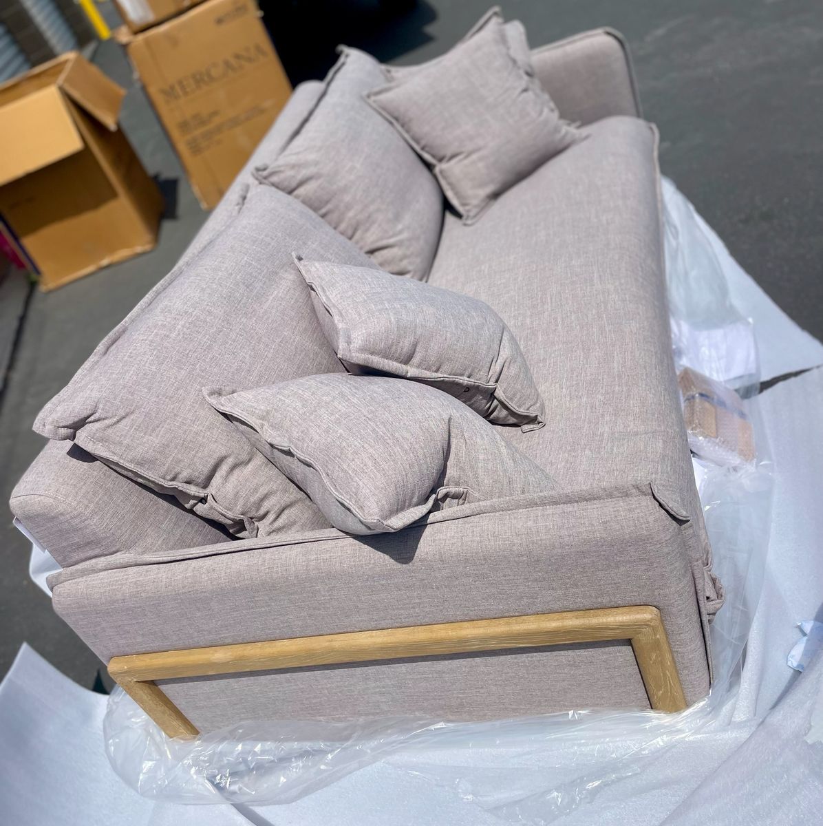 Brand New Mercana Roy 3-seater Sofa- Flint Grey with Mango Wood Frame