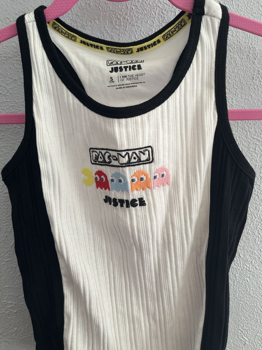 Justice x Pac-Man Girls 2 Piece Set Ribbed Tank Top White Black Size S 7/8 and Layered Skirt. 