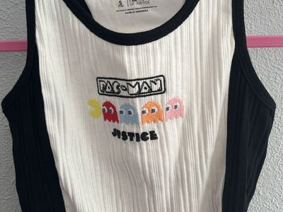 Justice x Pac-Man Girls 2 Piece Set Ribbed Tank Top White Black Size S 7/8 and Layered Skirt.