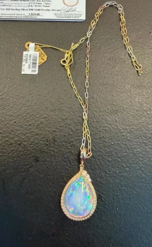 Pear-shaped Opal set in 18K Gold-overlay Sterling Silver with Natural Diamond Accents Necklace