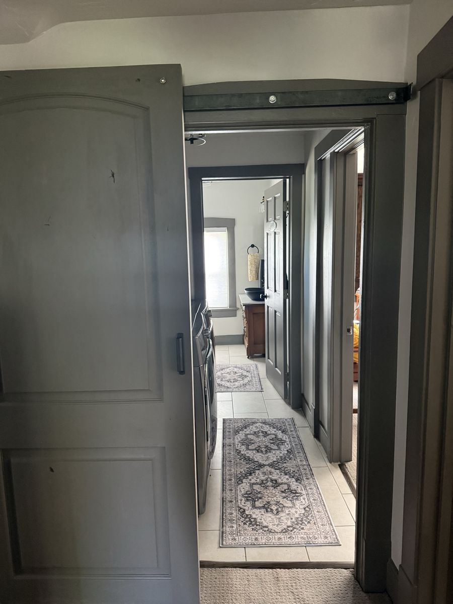 Custom Made Sliding Barn Door - Solid Wood Gray Painted Door with hardware.  3’ x 7’