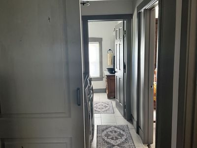 Custom Made Sliding Barn Door - Solid Wood Gray Painted Door with hardware. 3’ x 7’
