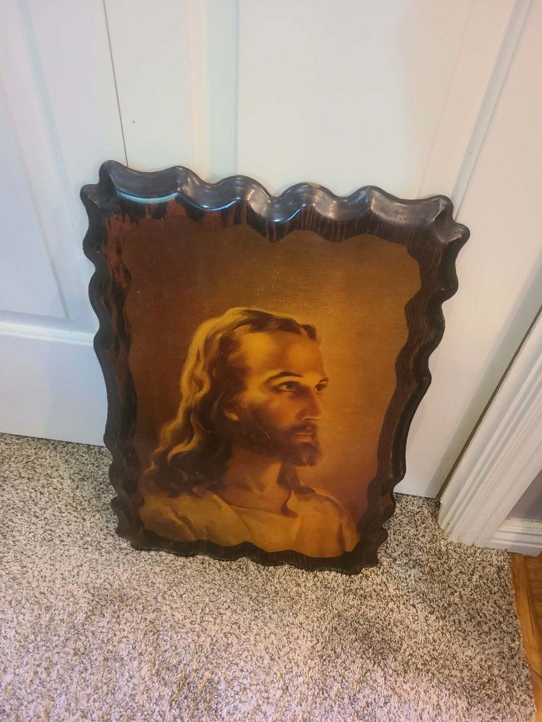 1940s Head of christ mounted on beautiful lacquered wood