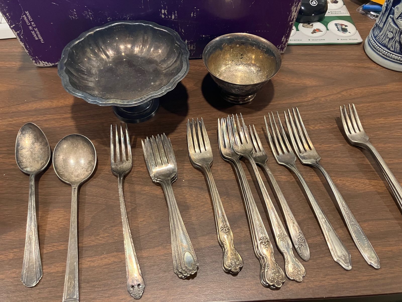 Box of Silver-plated Utensils and Bowls