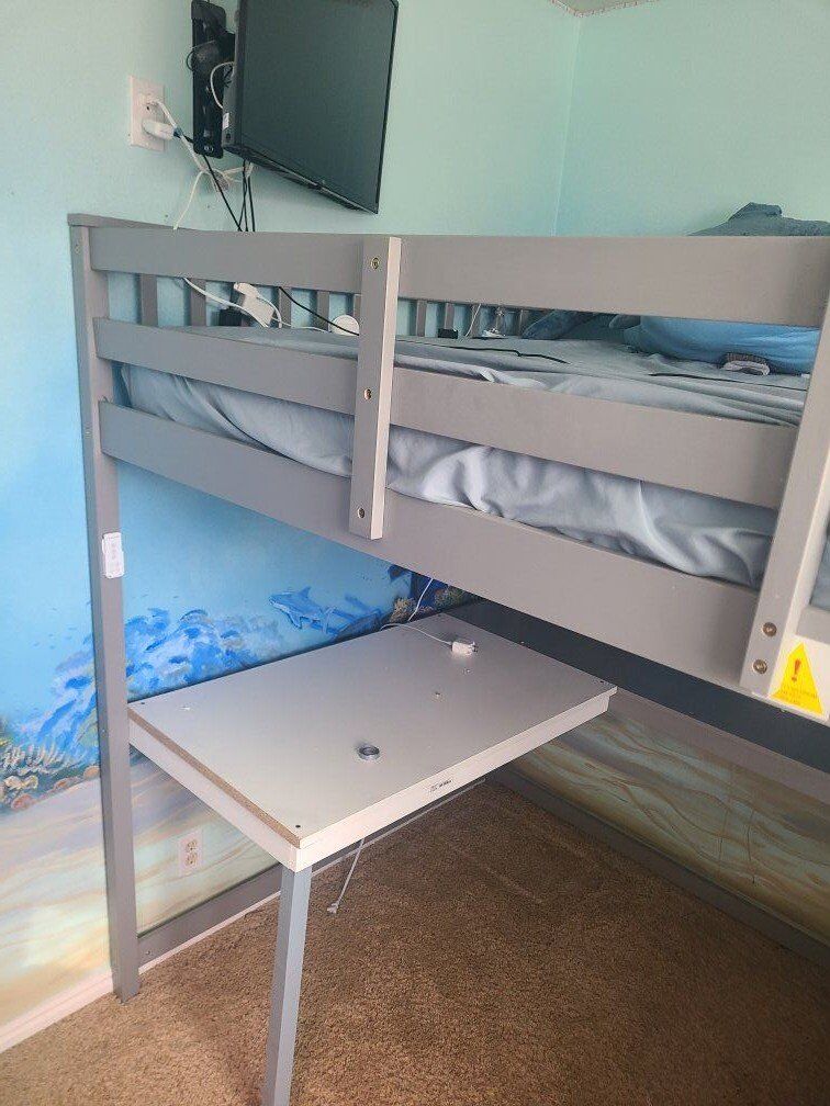 Full bed over 3 part desk bed frame