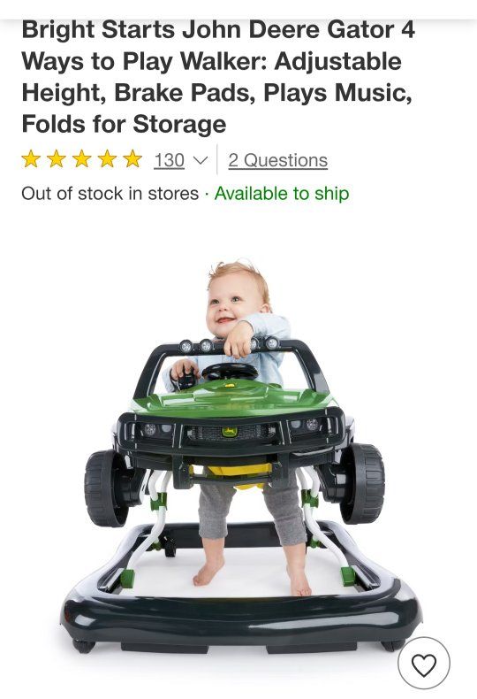 Bright Starts John Deere Gator 4 Ways to Play Walker - Adjustable, Music, Folds for Storage