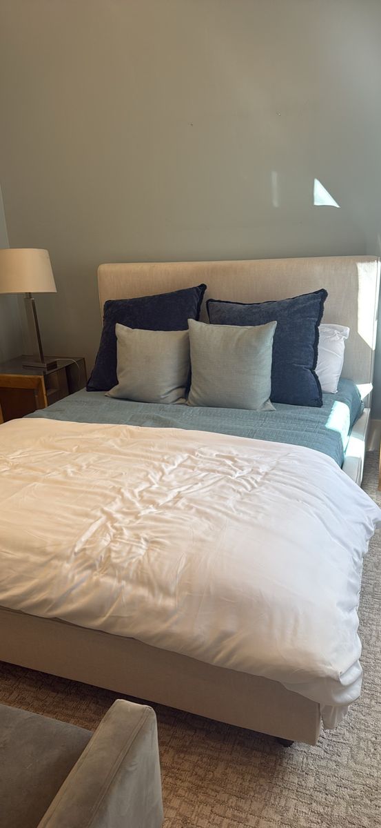 Queen Size Upholstered Bed Frame, Mattress Set and bedding - Light Beige