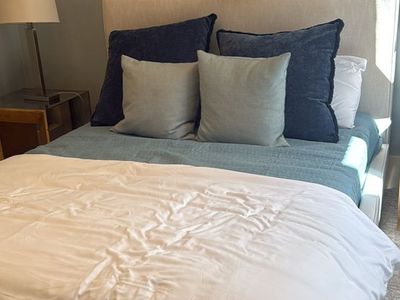 Queen Size Upholstered Bed Frame, Mattress Set and bedding - Light Beige