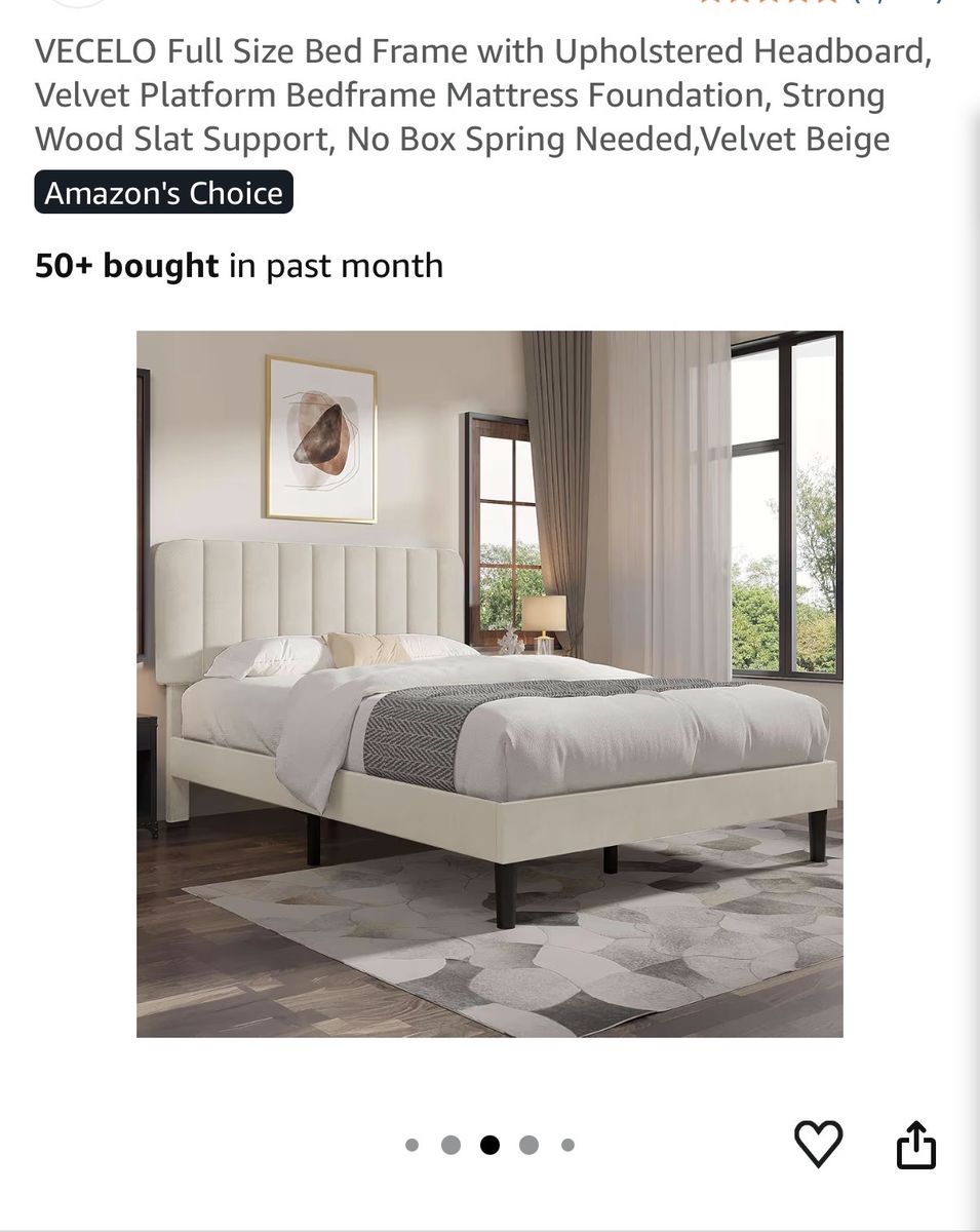 Full Size Velvet Beige Upholstered Platform Bed Frame with Wood Slats - No Box Spring Needed