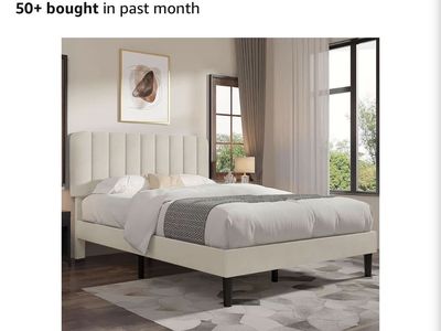 Full Size Velvet Beige Upholstered Platform Bed Frame with Wood Slats - No Box Spring Needed